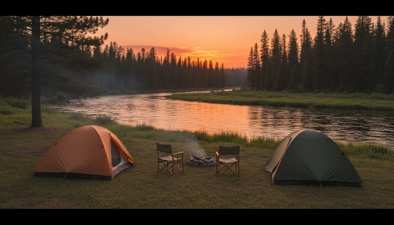 Campamento con tienda y equipo al atardecer